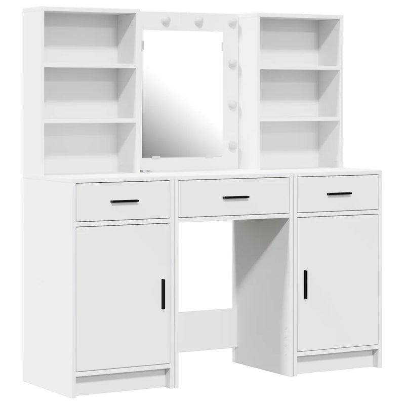 Dressing Table Set with LED 3 pcs White Engineered Wood