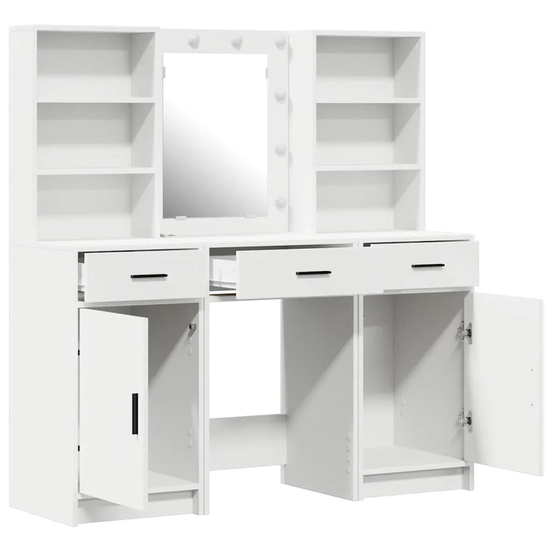 Dressing Table Set with LED 3 pcs White Engineered Wood