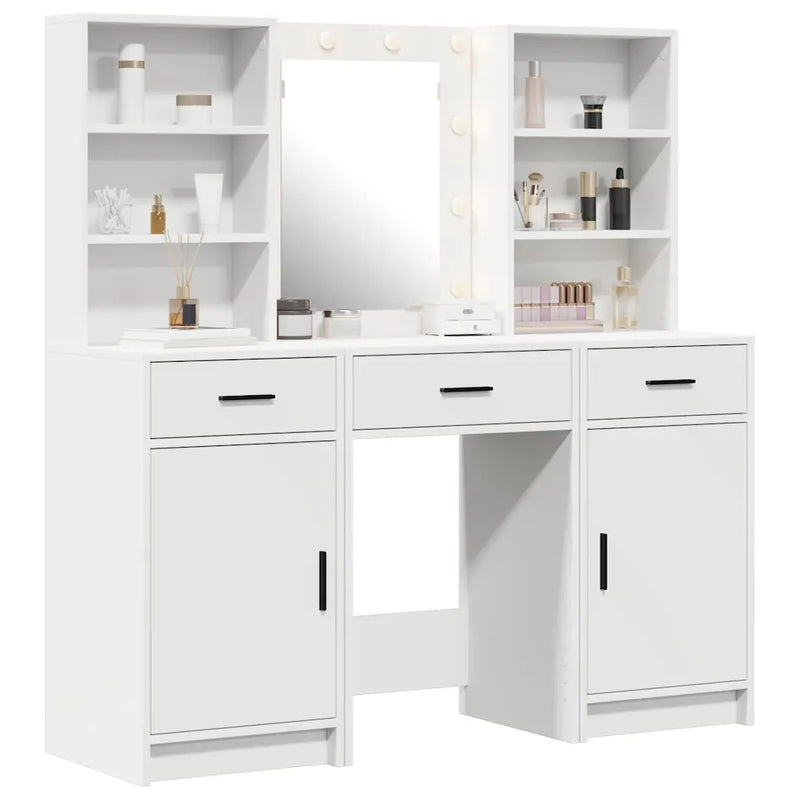 Dressing Table Set with LED 3 pcs White Engineered Wood