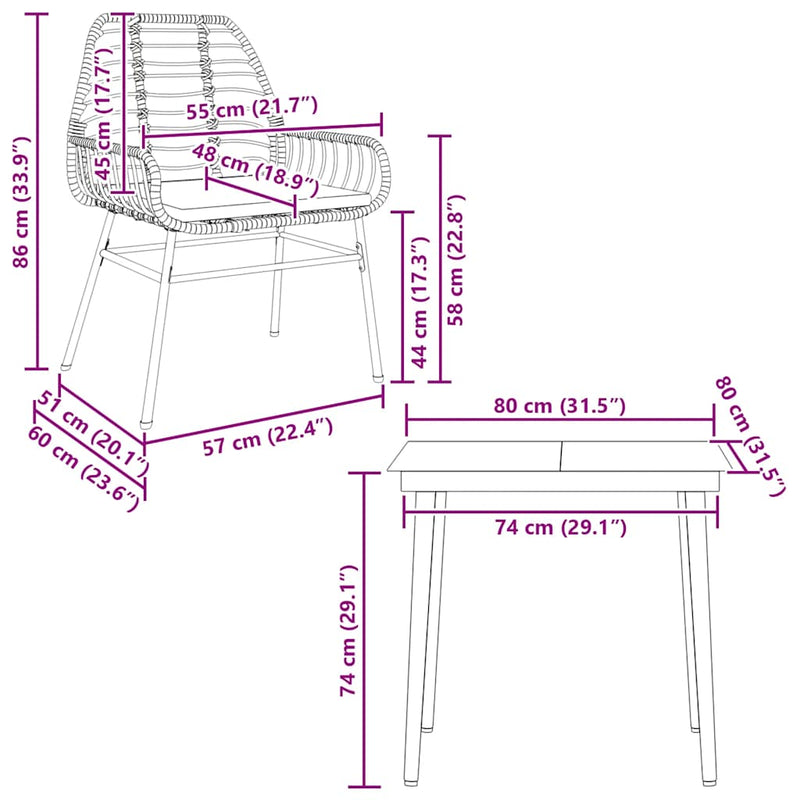 vidaXL 3 Piece Garden Dining Set with Cushions Black Poly Rattan Glass