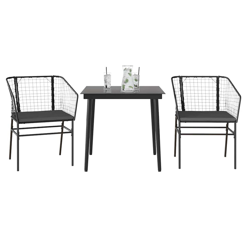 vidaXL 3 Piece Garden Dining Set with Cushions Black Poly Rattan Glass