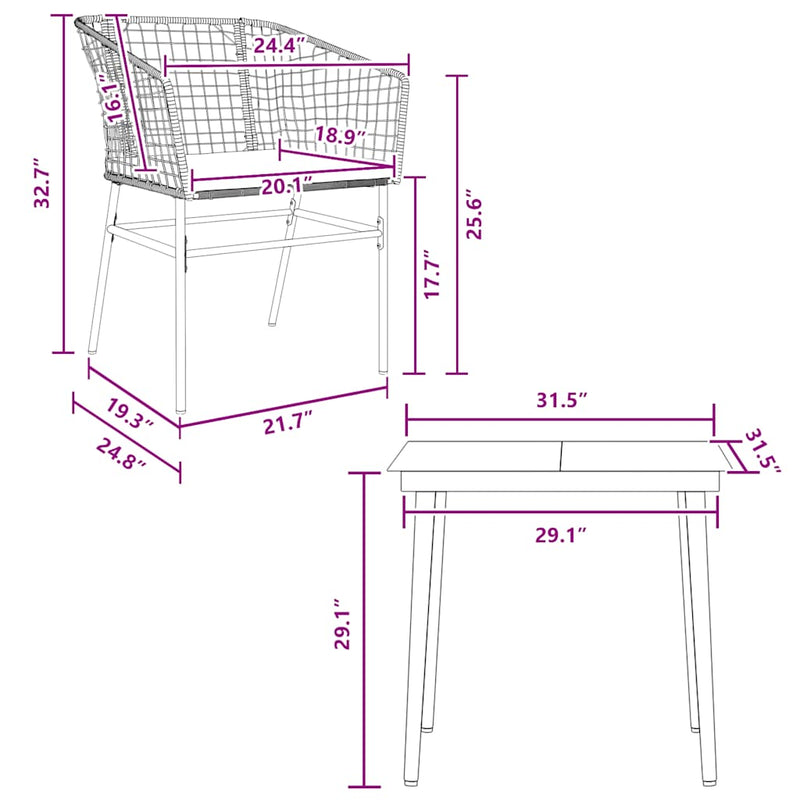 vidaXL 3 Piece Garden Dining Set with Cushions Black Poly Rattan Glass