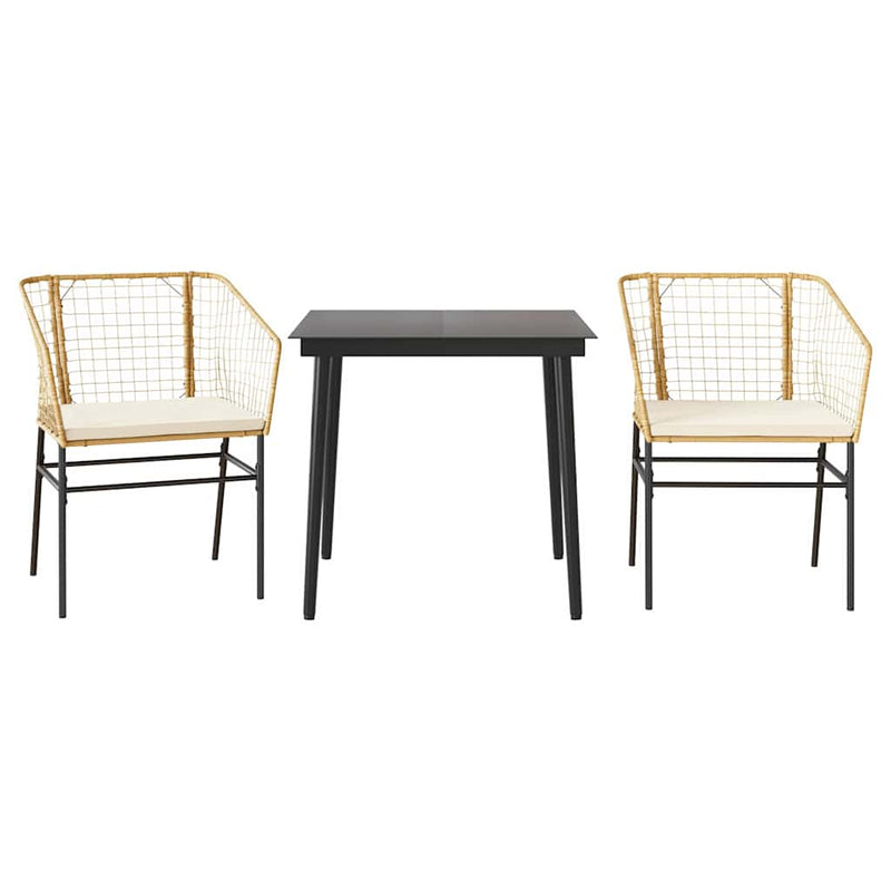 vidaXL 3 Piece Garden Dining Set with Cushions Brown Poly Rattan Glass