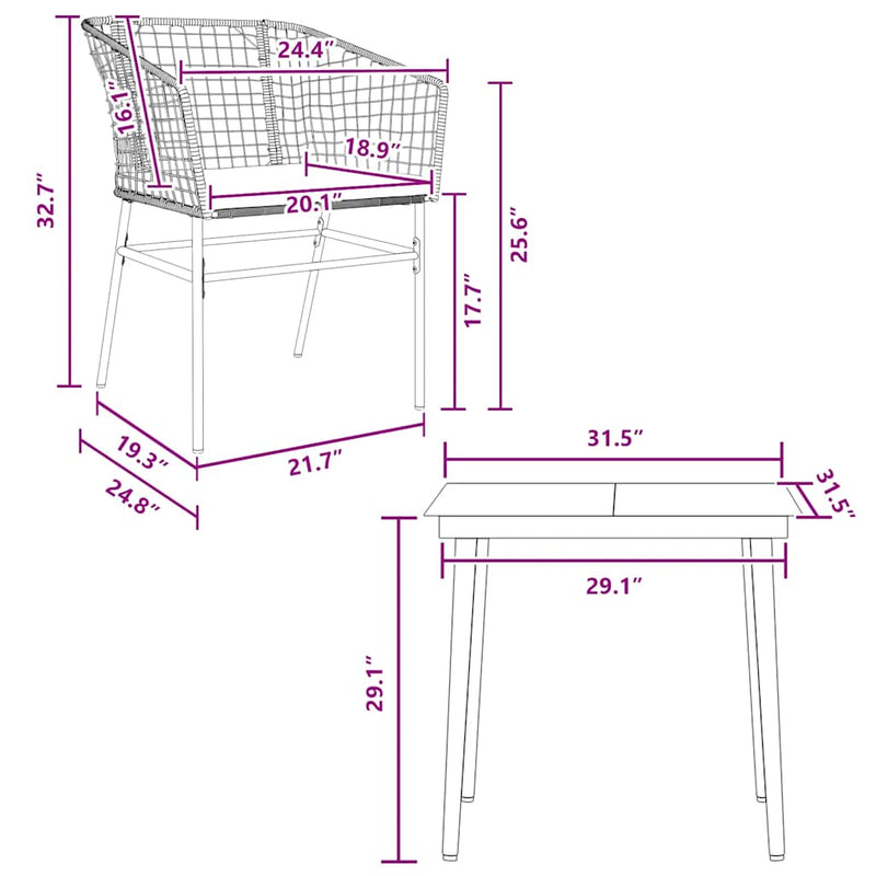 vidaXL 3 Piece Garden Dining Set with Cushions Brown Poly Rattan Glass