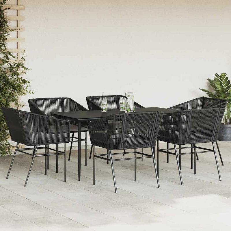 vidaXL 7 Piece Garden Dining Set with Cushions Black Poly Rattan Glass