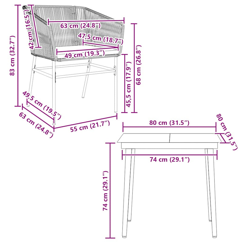 vidaXL 3 Piece Garden Dining Set with Cushions Brown Poly Rattan Glass