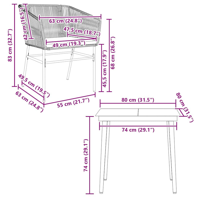 vidaXL 3 Piece Garden Dining Set with Cushions Grey Poly Rattan Glass