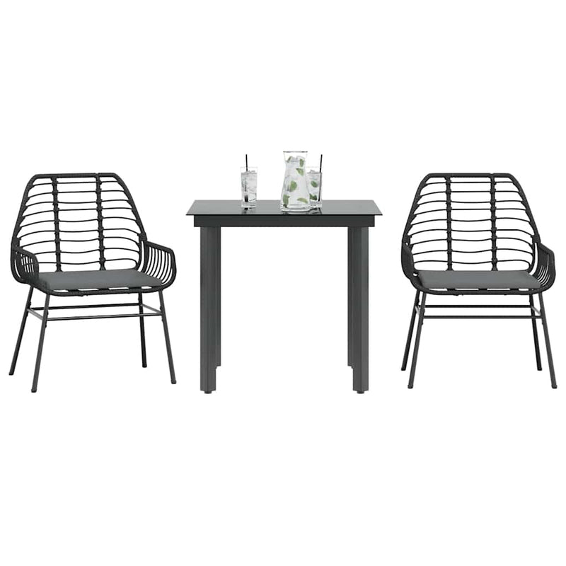 vidaXL 3 Piece Garden Dining Set with Cushions Black Poly Rattan Glass
