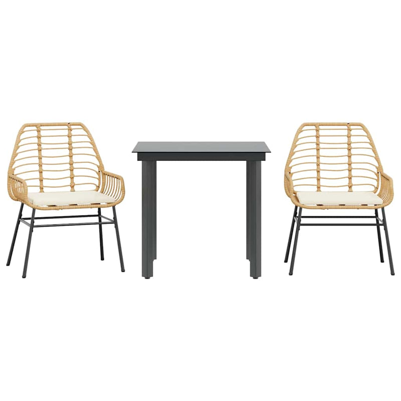 vidaXL 3 Piece Garden Dining Set with Cushions Brown Poly Rattan Glass