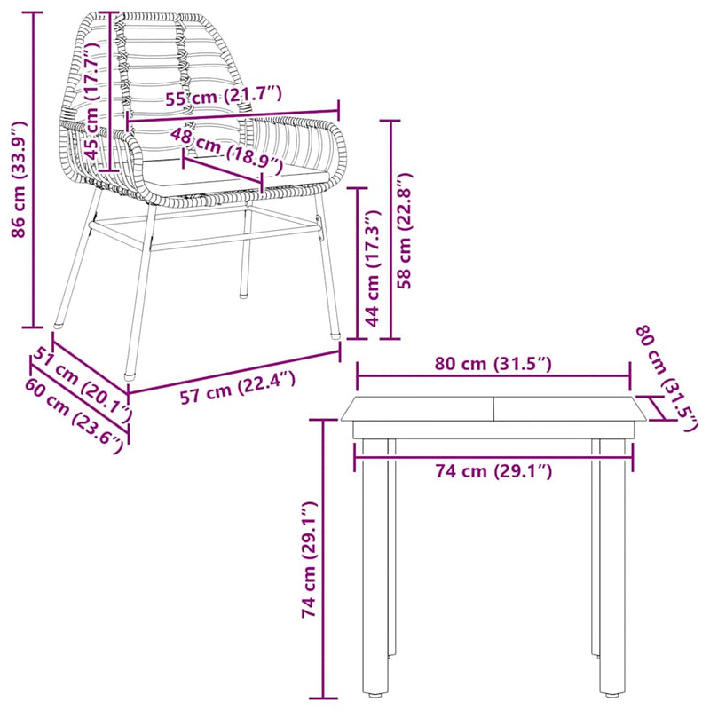 vidaXL 3 Piece Garden Dining Set with Cushions Brown Poly Rattan Glass