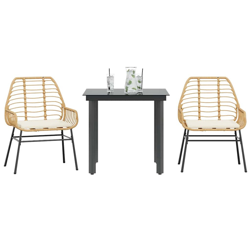 vidaXL 3 Piece Garden Dining Set with Cushions Brown Poly Rattan Glass