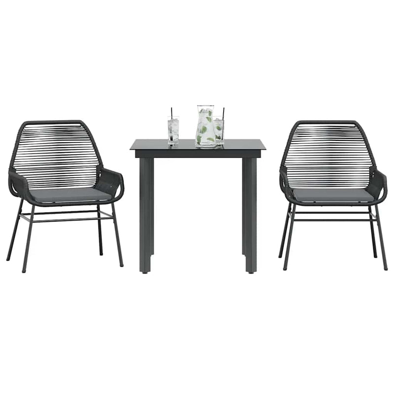 vidaXL 3 Piece Garden Dining Set with Cushions Black Poly Rattan Glass