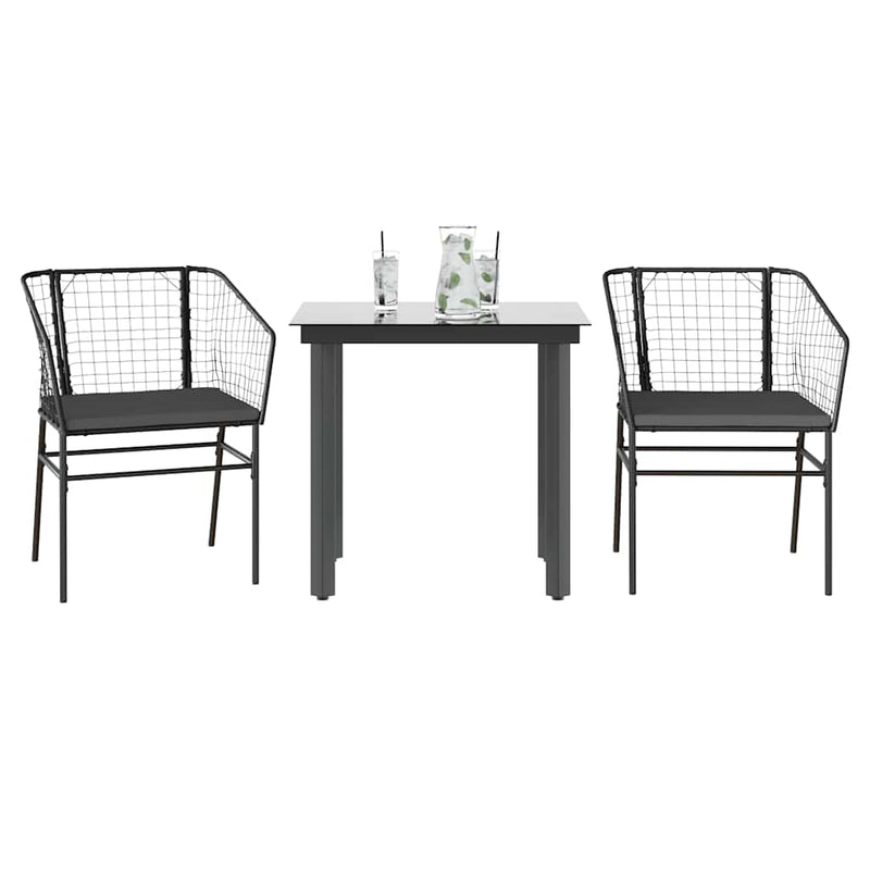 vidaXL 3 Piece Garden Dining Set with Cushions Black Poly Rattan Glass