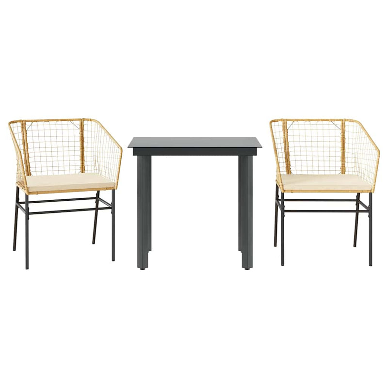 vidaXL 3 Piece Garden Dining Set with Cushions Brown Poly Rattan Glass