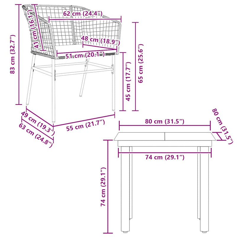 vidaXL 3 Piece Garden Dining Set with Cushions Brown Poly Rattan Glass