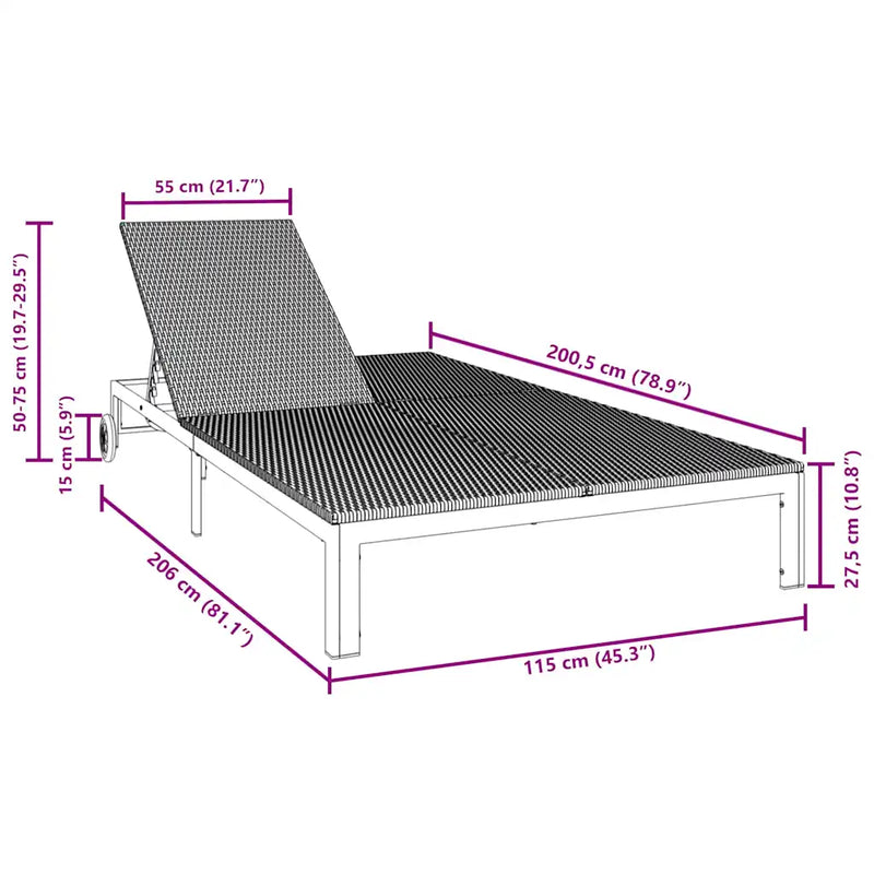 Sunbed Black 206 x 115 x 75 cm Poly Rattan