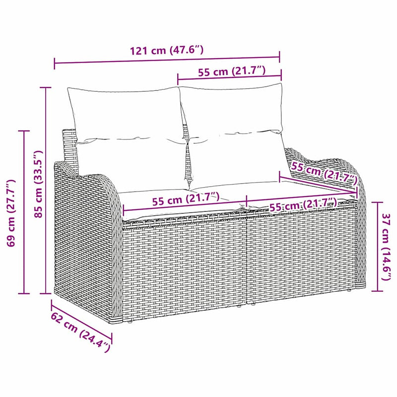 vidaXL Garden Sofa Black 121 x 62 x 69cm Poly Rattan