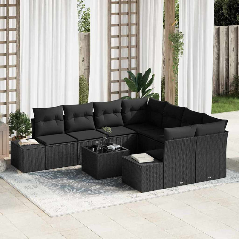 vidaXL Garden Sofa Set with Cushion 9 pcs Black Poly Rattan