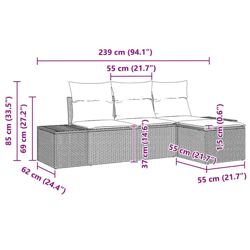 vidaXL Garden Sofa Set with Cushion 4 pcs Black Poly Rattan