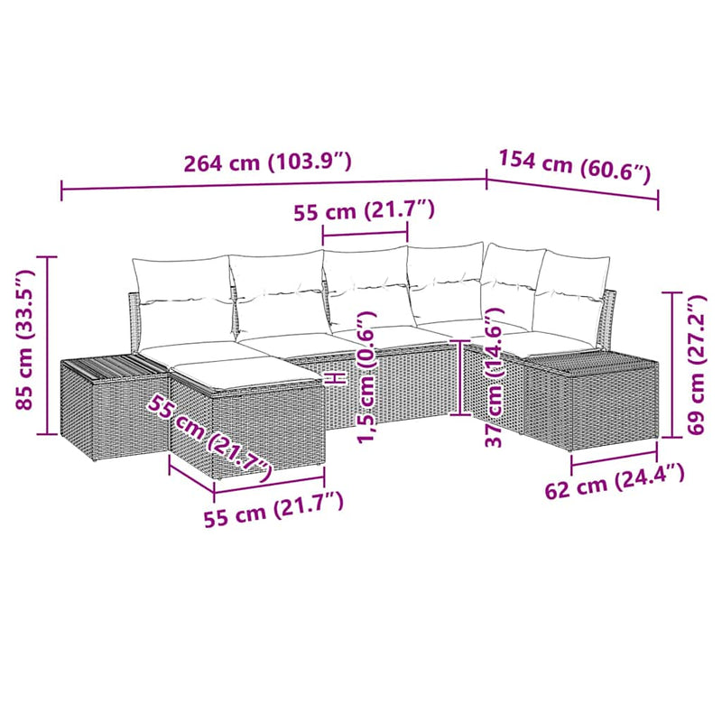 vidaXL Garden Sofa Set with Cushion 6 pcs Black Poly Rattan