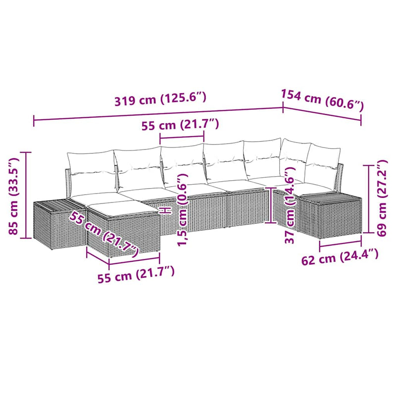 vidaXL Garden Sofa Set with Cushion 7 pcs Black Poly Rattan