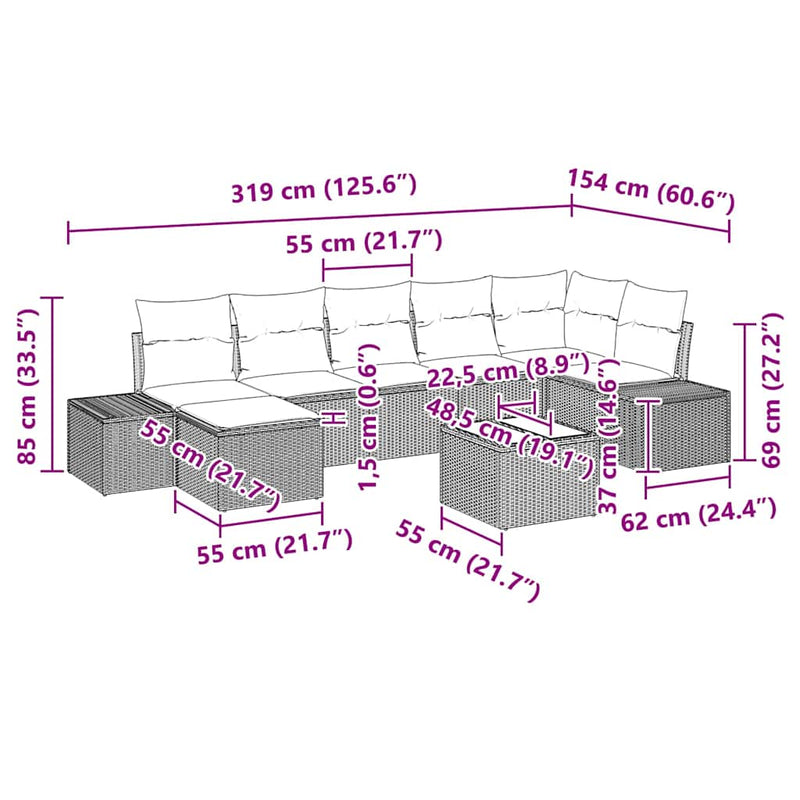 vidaXL Garden Sofa Set with Cushion 8 pcs Black Poly Rattan