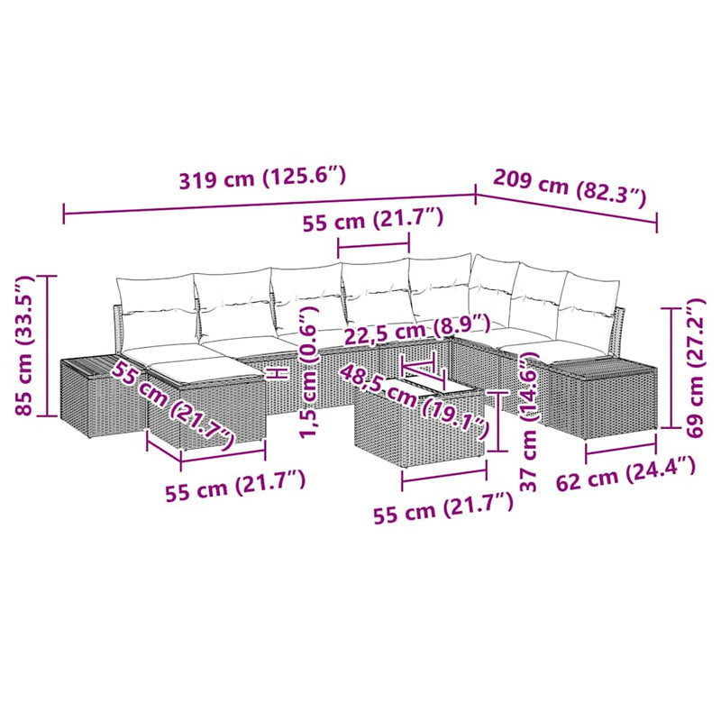 vidaXL Garden Sofa Set with Cushion 9 pcs Poly Rattan