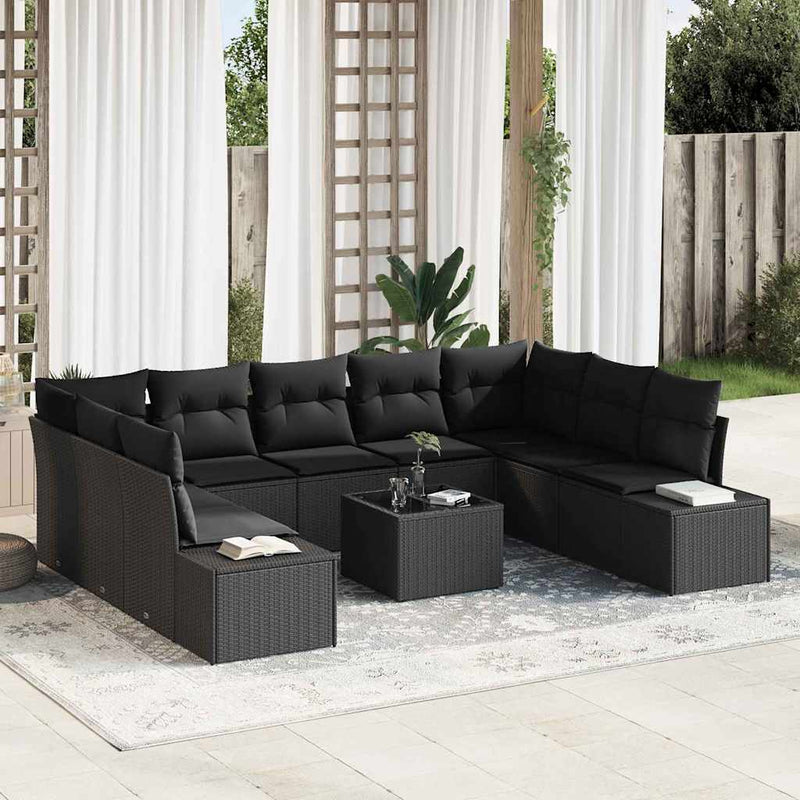 vidaXL Garden Sofa Set with Cushion 10 pcs Black Poly Rattan