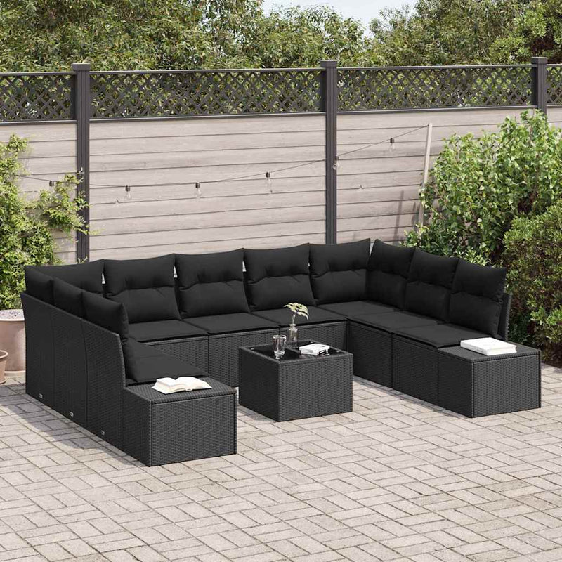 vidaXL Garden Sofa Set with Cushion 10 pcs Black Poly Rattan