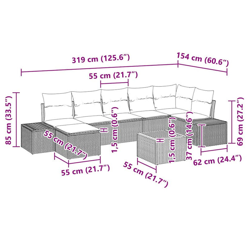 vidaXL Garden Sofa Set with Cushion 8 pcs Black Poly Rattan