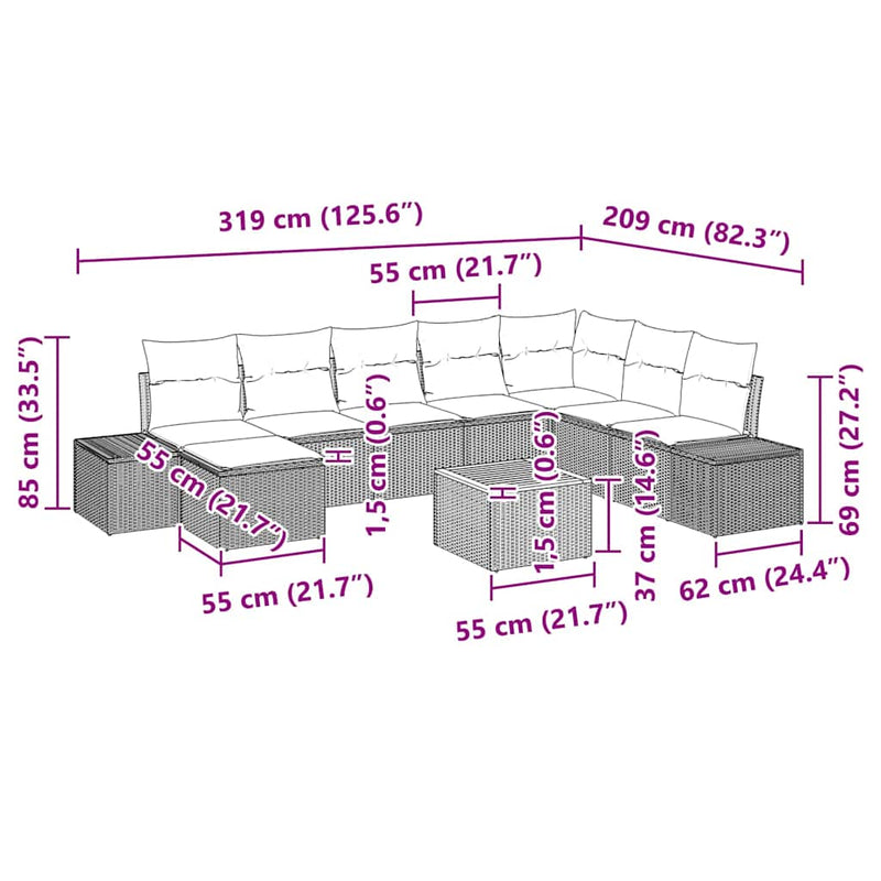 vidaXL Garden Sofa Set with Cushion 9 pcs Black Poly rattan