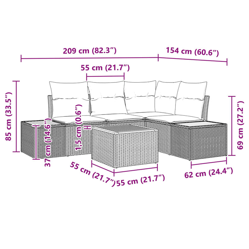vidaXL Garden Sofa Set with Cushion 5 pcs Black Poly Rattan