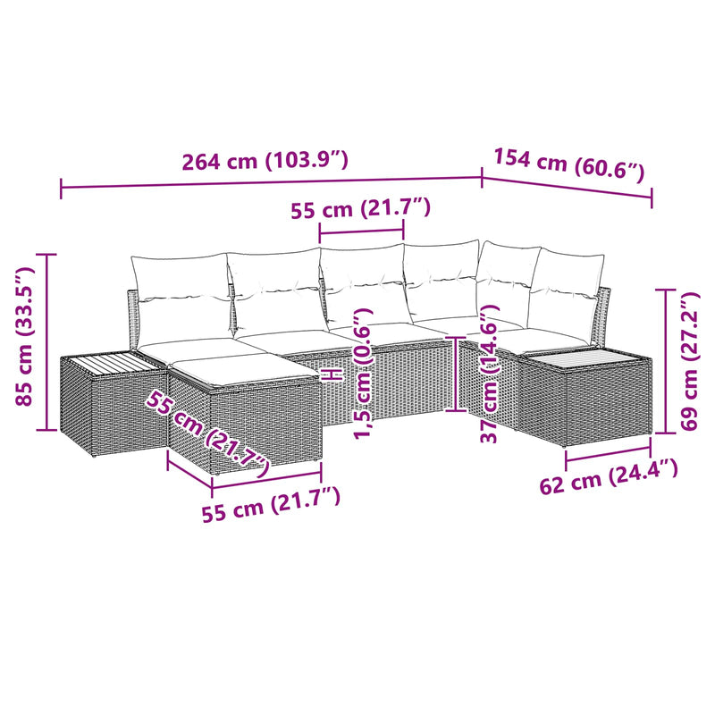vidaXL Garden Sofa Set with Cushion 6 pcs Black Poly Rattan