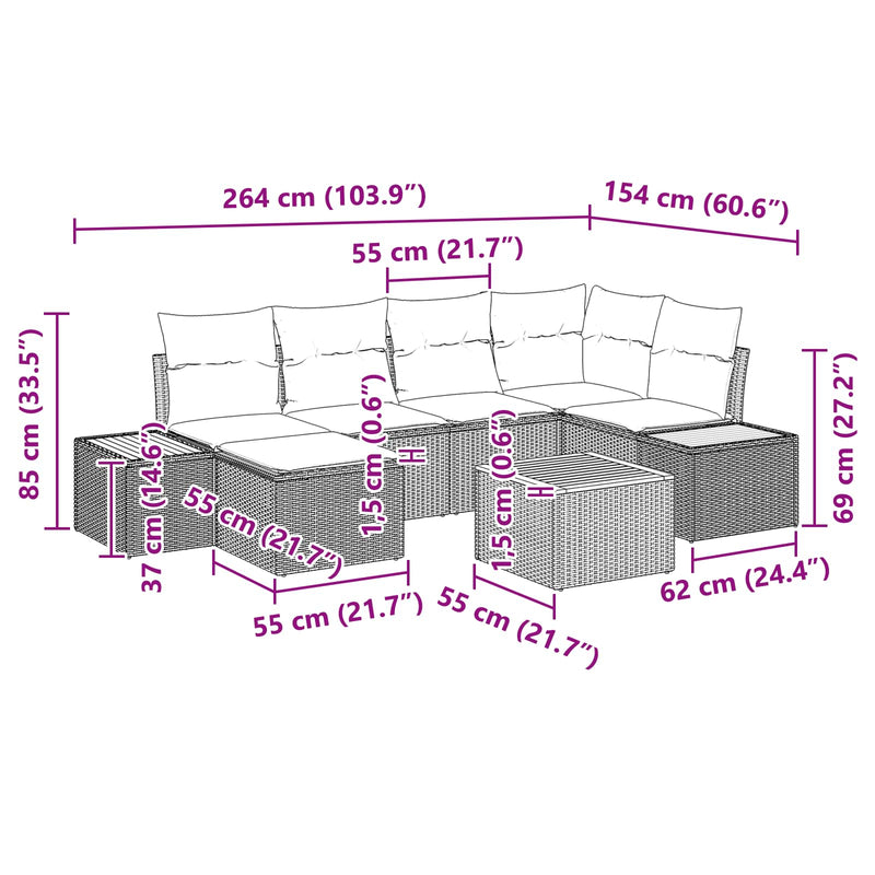 vidaXL Garden Sofa Set with Cushion 7 pcs Black Poly Rattan