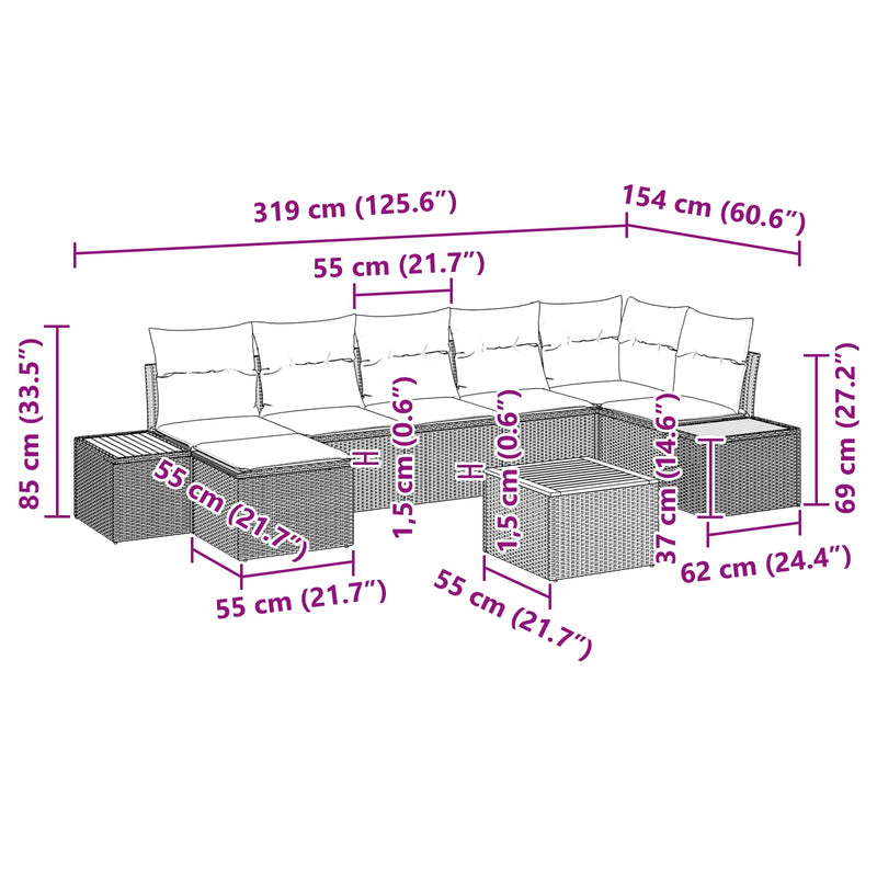 vidaXL Garden Sofa Set with Cushion 8 pcs Black Poly Rattan