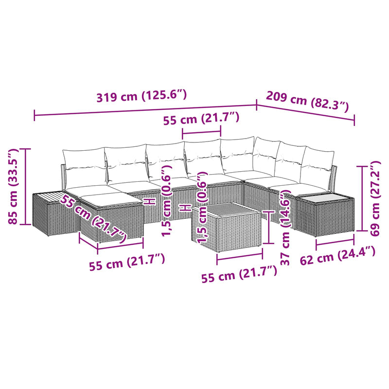vidaXL Garden Sofa Set with Cushion 9 pcs Black Poly rattan