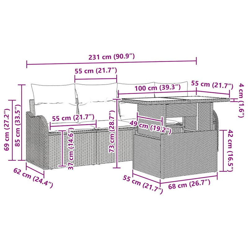 vidaXL Garden Sofa Set with Cushion 5 pcs Grey Poly rattan