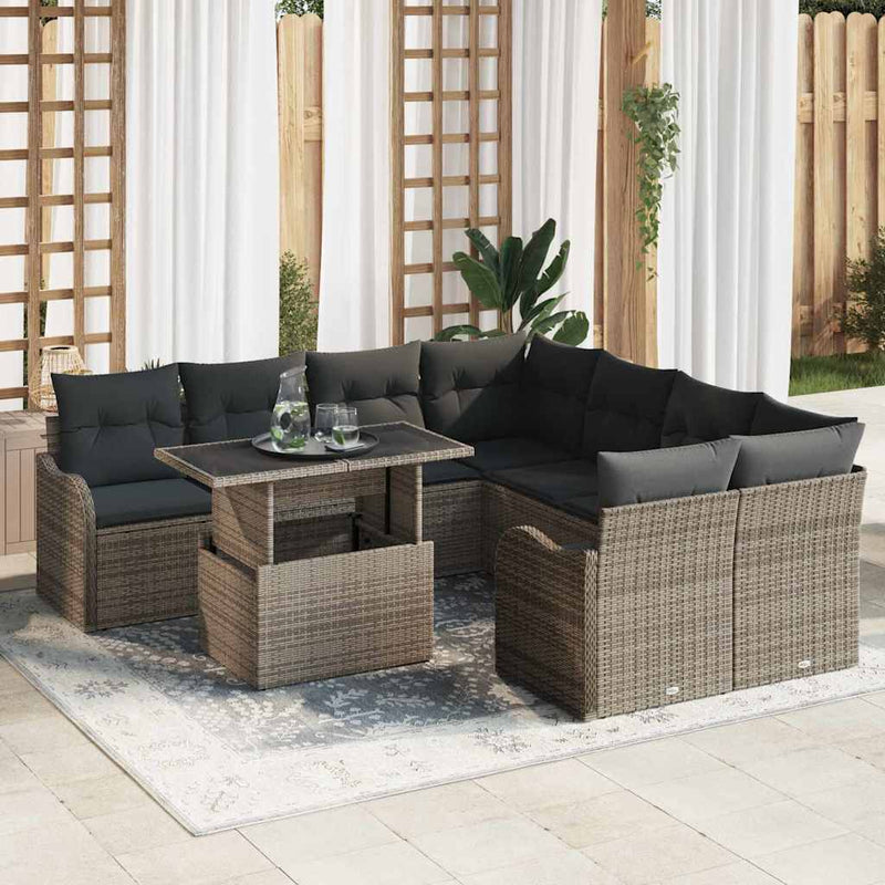 vidaXL Garden Sofa Set with Cushion 9 pcs Grey Poly rattan