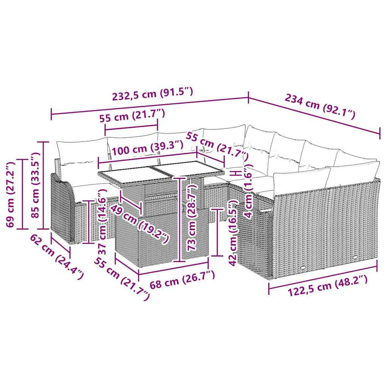 vidaXL Garden Sofa Set with Cushion 9 pcs Grey Poly rattan