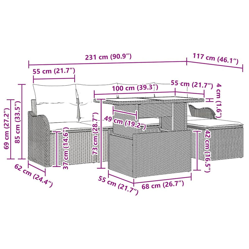 vidaXL Garden Sofa Set with Cushion 6 pcs Grey Poly rattan