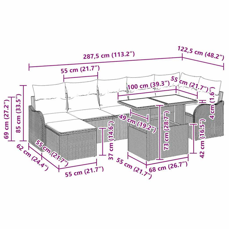 vidaXL Garden Sofa Set with Cushion 8 pcs Grey Poly rattan