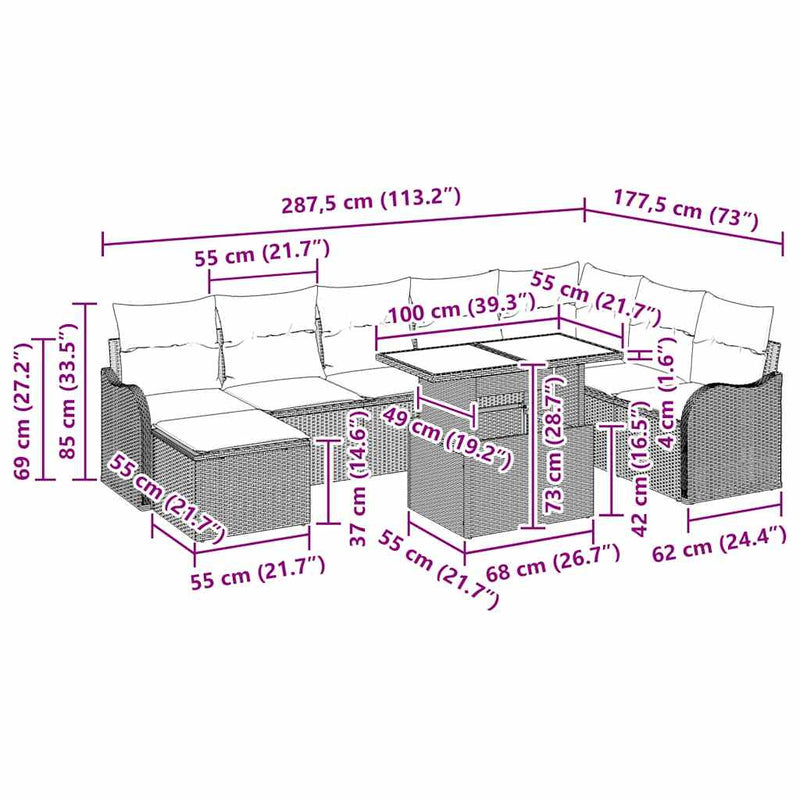 vidaXL Garden Sofa Set with Cushion 9 pcs Grey Poly rattan