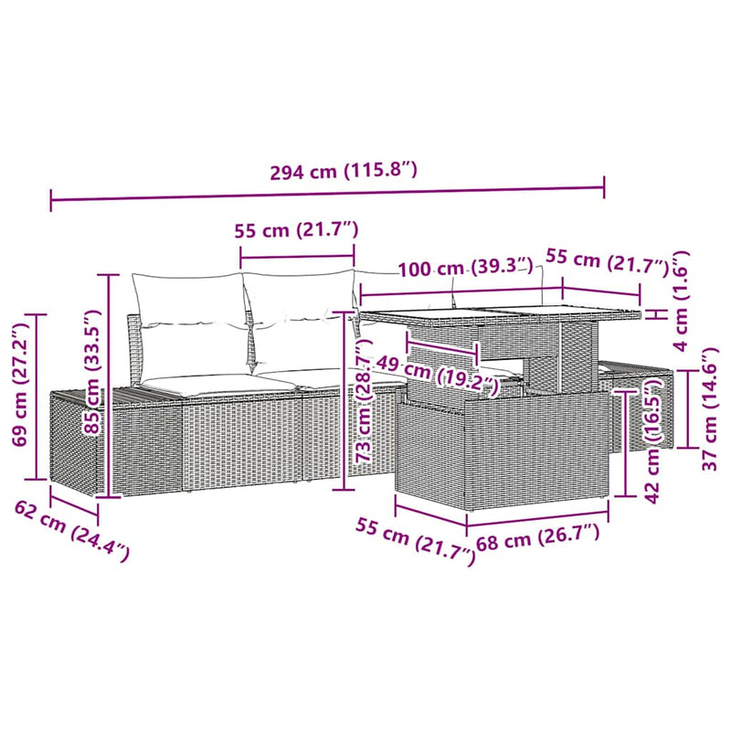 vidaXL Sofa Set with Cushion Height Adjustable 5 pcs Black Poly Rattan