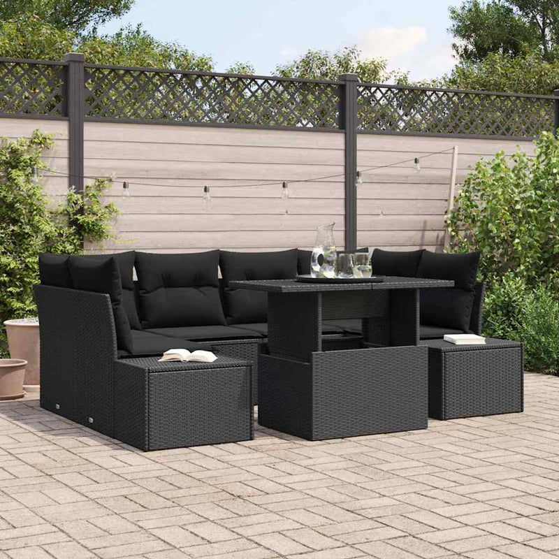 vidaXL Sofa Set with Cushion Height Adjustable 7 pcs Black Poly Rattan