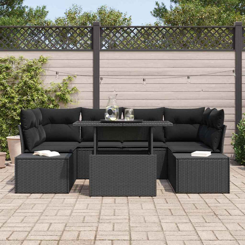 vidaXL Sofa Set with Cushion Height Adjustable 7 pcs Black Poly Rattan