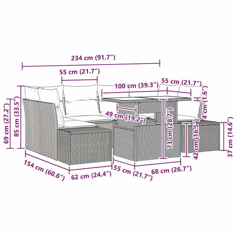 vidaXL Sofa Set with Cushion Height Adjustable 7 pcs Black Poly Rattan