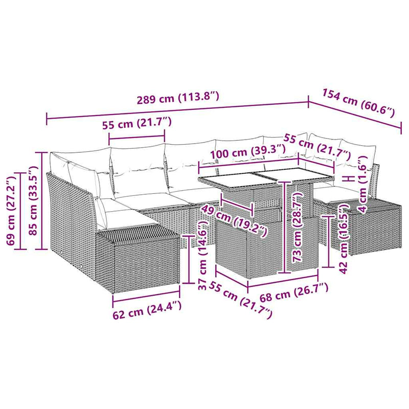 vidaXL Sofa Set with Cushion Height Adjustable 8 pcs Black Poly Rattan