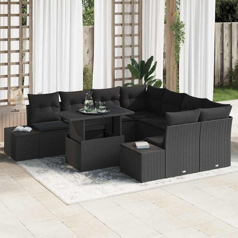 vidaXL Sofa Set with Cushion Height Adjustable 9 pcs Black Poly Rattan