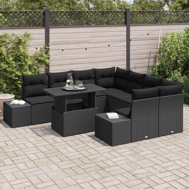vidaXL Sofa Set with Cushion Height Adjustable 9 pcs Black Poly Rattan