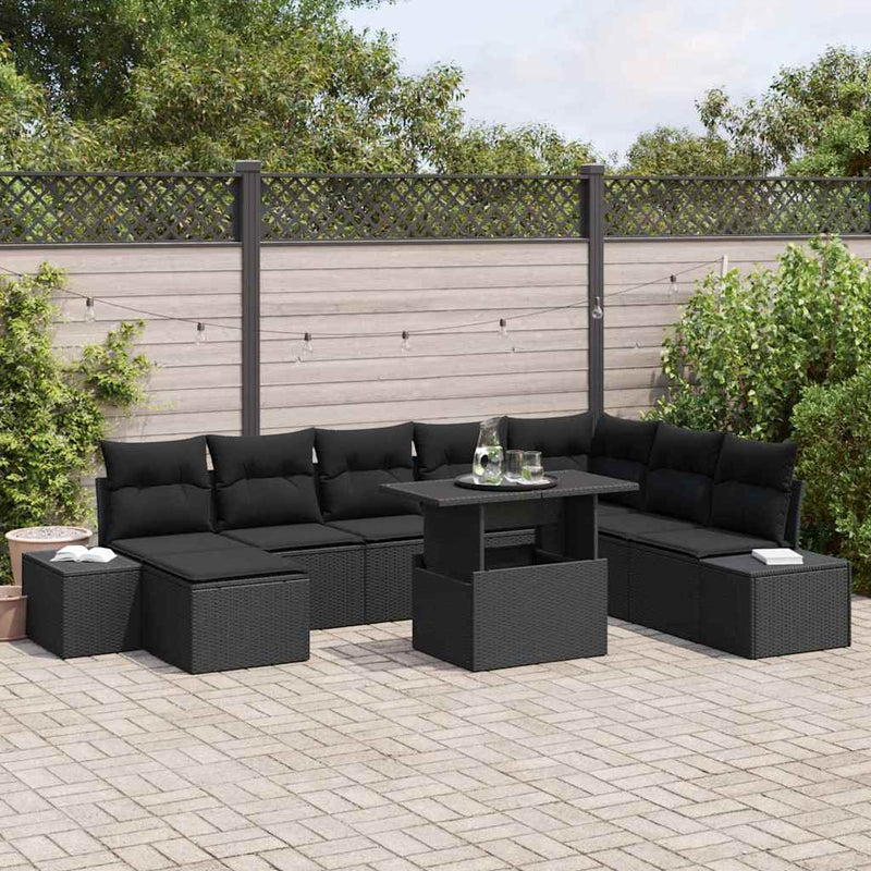 vidaXL Garden Sofa Set with Cushion 9 pcs Black Poly Rattan